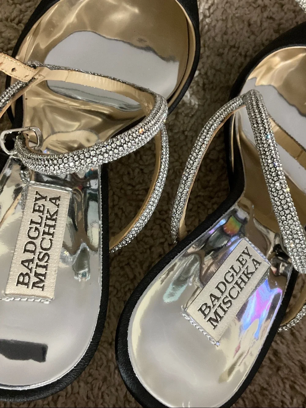 Badgley Mischka Black Satin Pointed-Toe Slingback Heels with Crystal Bow